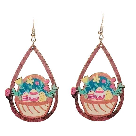 Easter Basket Earrings‎ Eggs Flowers Wooden Dangle Springtime Novelty Jewelry - Picture 1 of 4